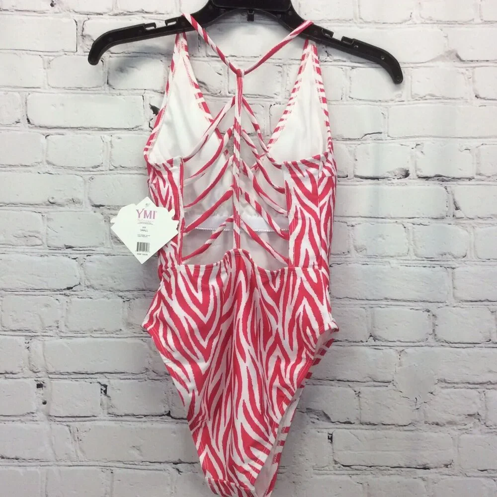 YMI Swimsuit Women's Size S One Piece Pink & White Zebra Stripe Beachy Strappy